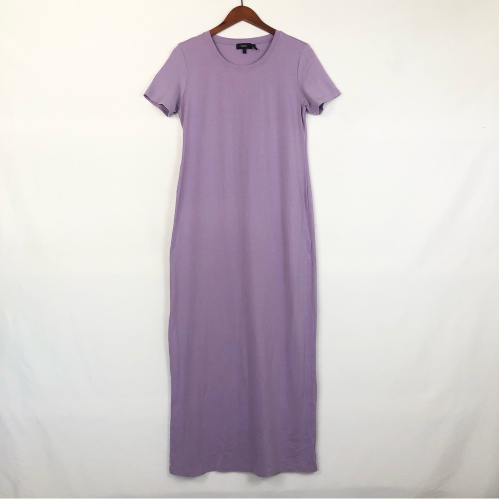 Theory Cherryal Lavender Maxi Dress Short Sleeve Side‎ Slit Jersey Size L - Picture 1 of 5